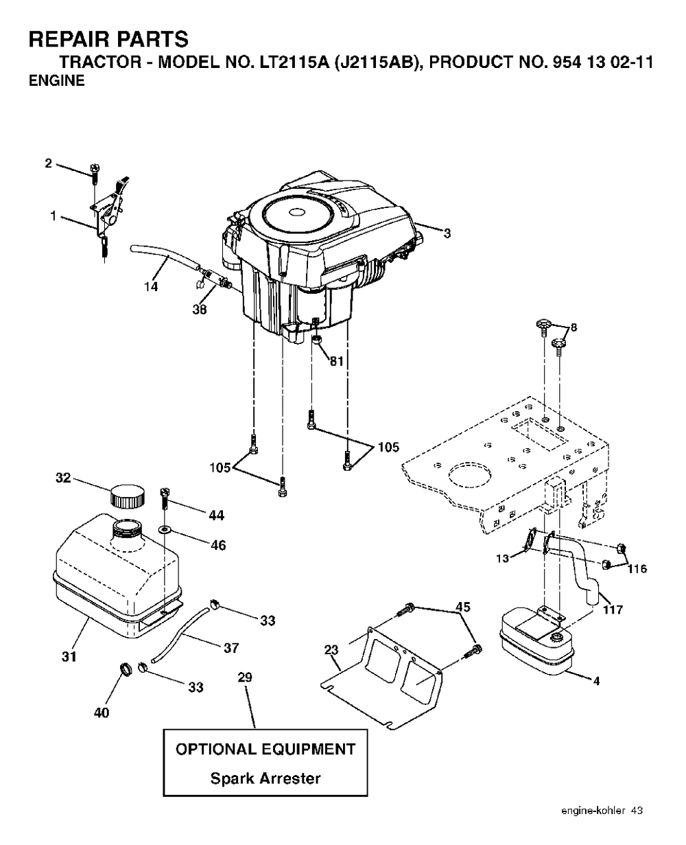 Engine Cutting Equipment Diagram and Parts List for LT2115A (954130211)(2004-06) Jonsered Lawn Tractor