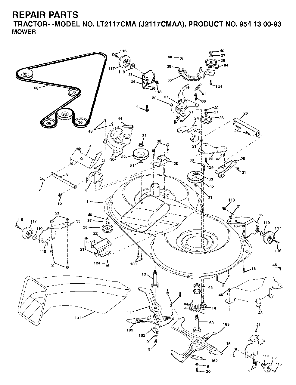 Mower Deck / Cutting Deck Diagram and Parts List for LT2117CMA (954130093)(2003-01) Jonsered Lawn Tractor