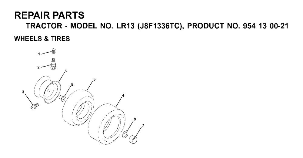 Wheels Tires Diagram and Parts List for LR13 (954130021)(2000-02) Jonsered Lawn Tractor