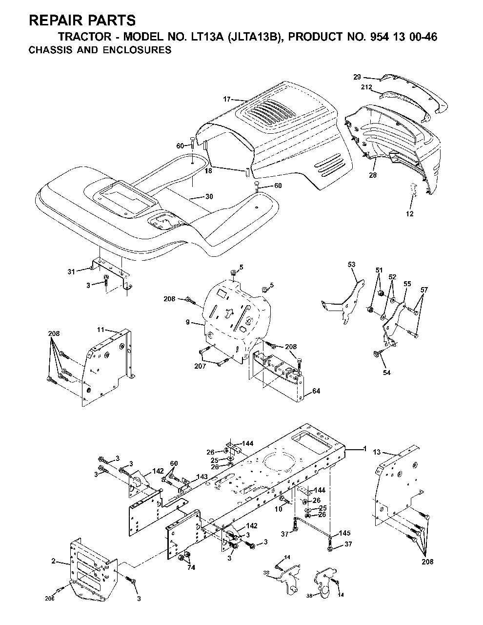 Chassis Enclosures Diagram and Parts List for LT13A (954130046)(2001-02) Jonsered Lawn Tractor
