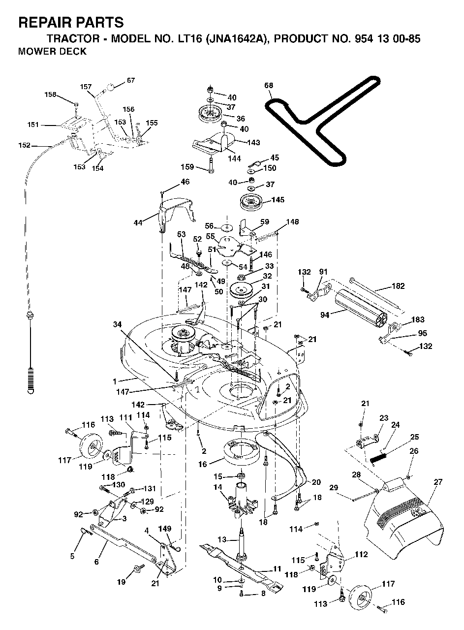 Mower Deck / Cutting Deck Diagram and Parts List for LT16 (954130085)(2003-01) Jonsered Lawn Tractor
