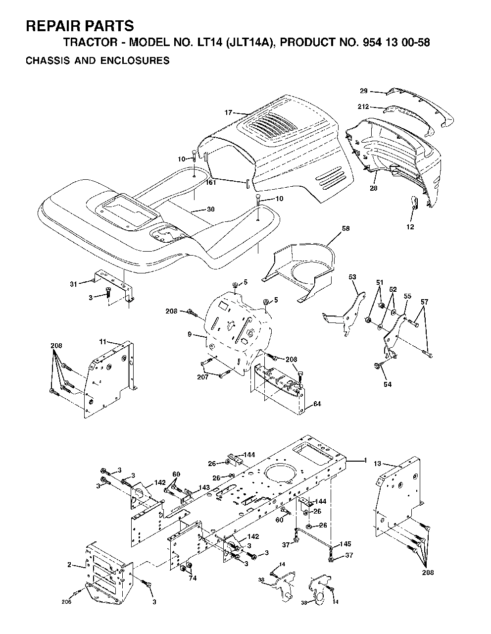 Chassis Enclosures Diagram and Parts List for LT14 (954130058)(2002-06) Jonsered Lawn Tractor