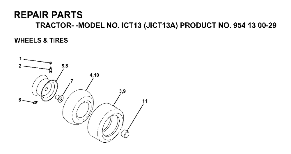 Wheels Tires Diagram and Parts List for ICT13 (954130029)(1999-03) Jonsered Lawn Tractor