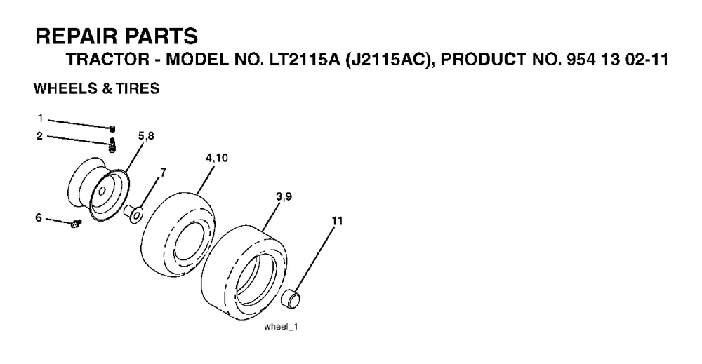Wheels Tires Diagram and Parts List for LT2115A (954130211)(2004-09) Jonsered Lawn Tractor