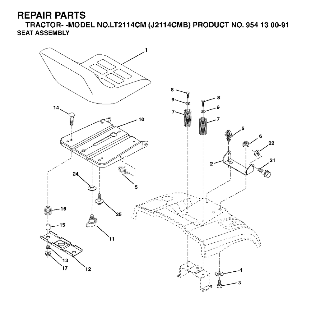 Seat Diagram and Parts List for LT2114CM (954130091)(2003-05) Jonsered Lawn Tractor