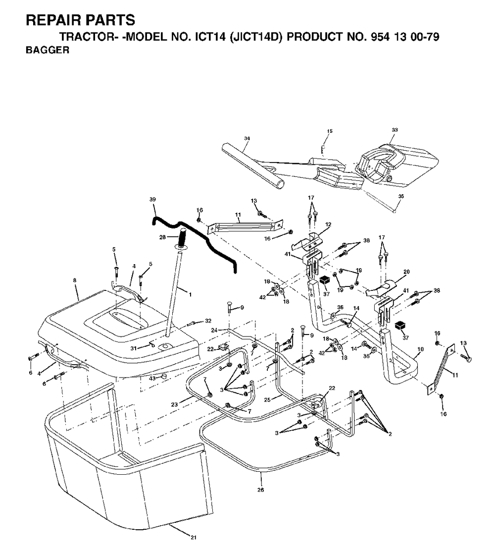 Bagger Diagram and Parts List for ICT14 (954130079-D)(2002-06) Jonsered Lawn Tractor