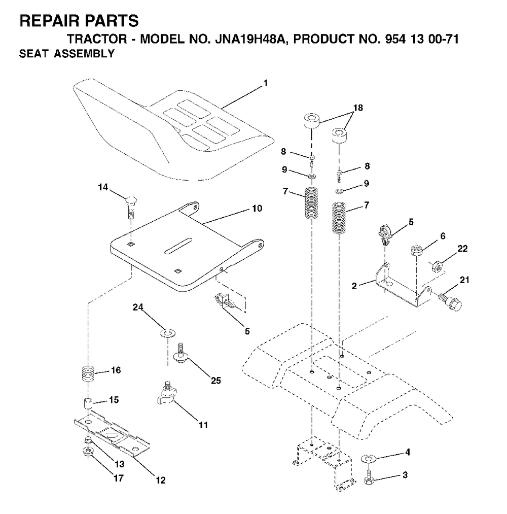 Seat Diagram and Parts List for LT19A (954130071)(2003-01) Jonsered Lawn Tractor