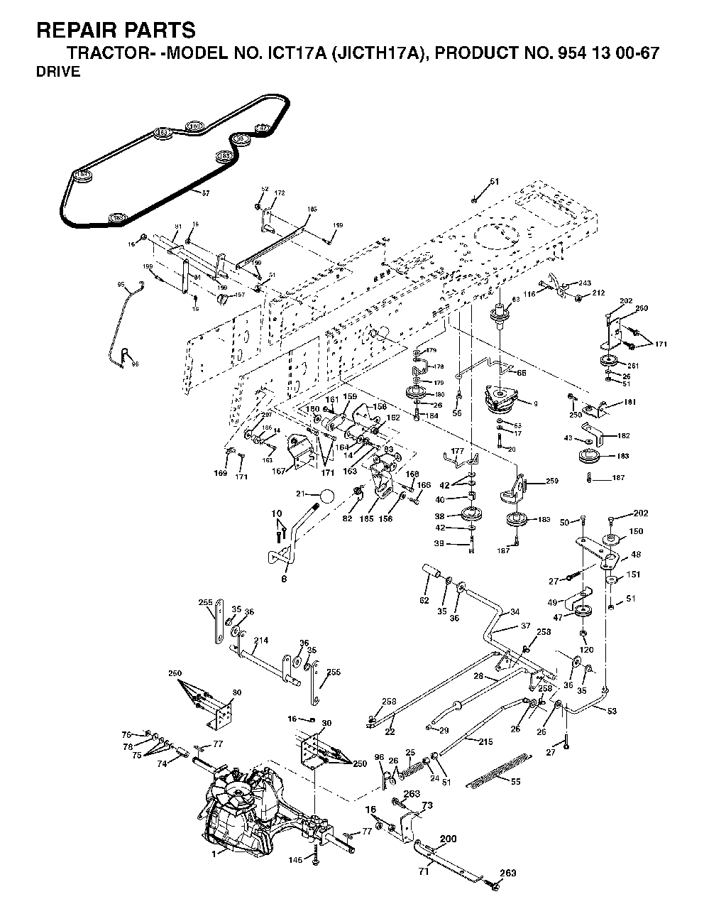 Drive Diagram and Parts List for ICT17A (954130067)(2002-02) Jonsered Lawn Tractor