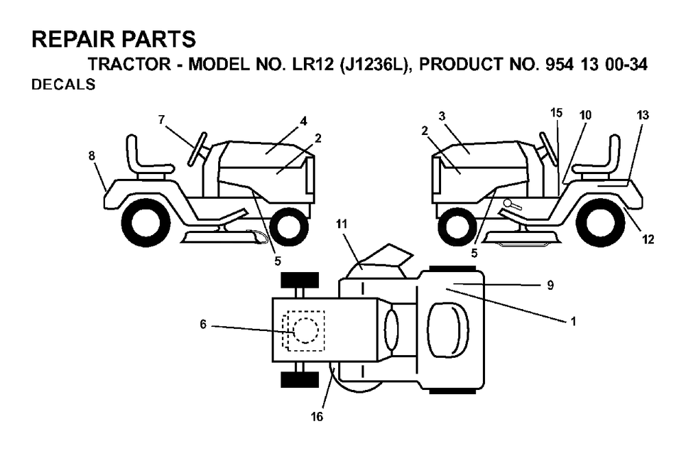 Decals Diagram and Parts List for LR12 (954130034)(2000-03) Jonsered Lawn Tractor