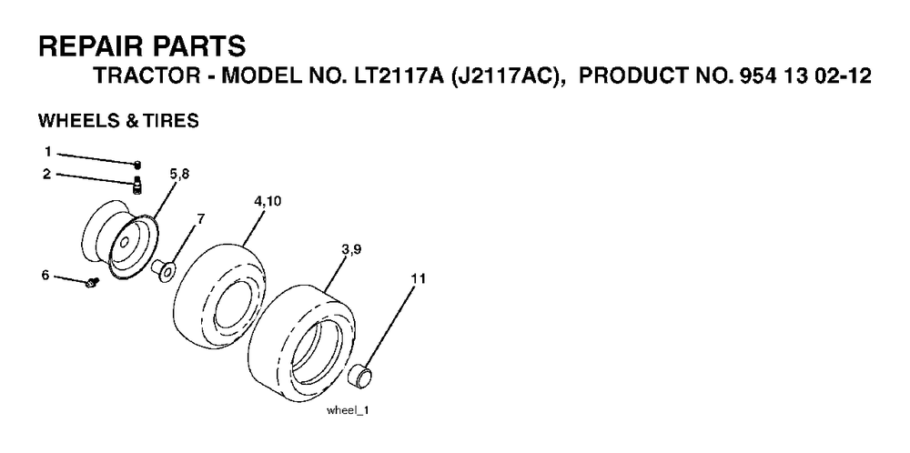 Wheels Tires Diagram and Parts List for LT2117A (954130212)(2004-06) Jonsered Lawn Tractor