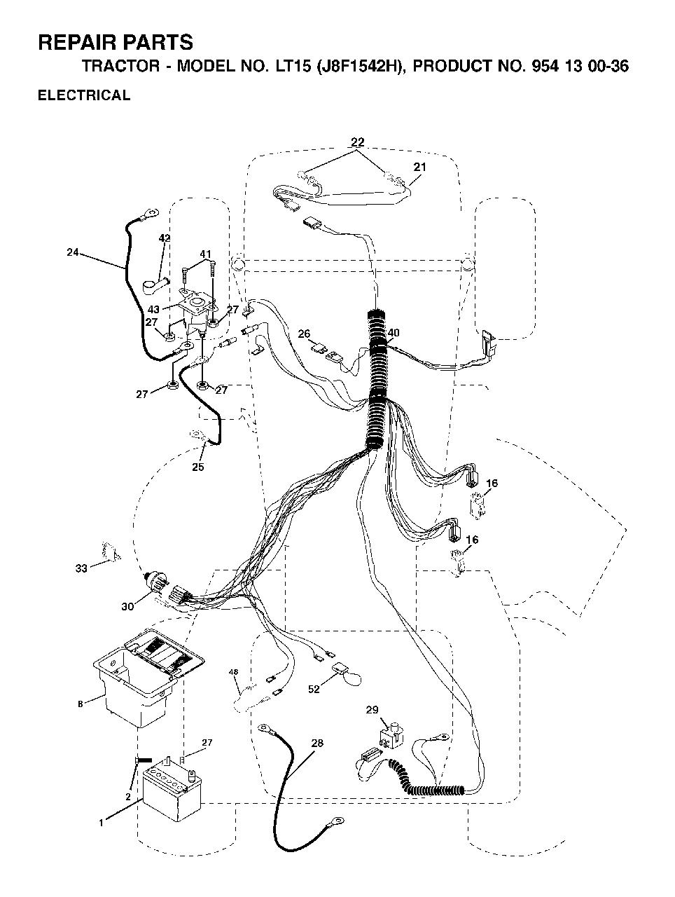 Electrical Diagram and Parts List for LT15 (954130036-H)(2001-01) Jonsered Lawn Tractor
