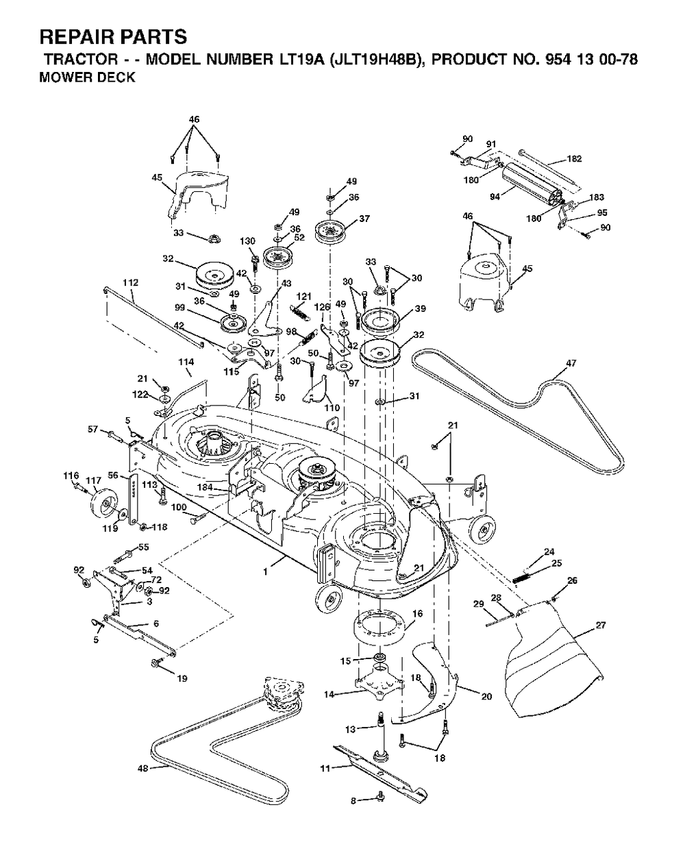 Mower Deck / Cutting Deck Diagram and Parts List for LT19A (954130078)(2002-03) Jonsered Lawn Tractor