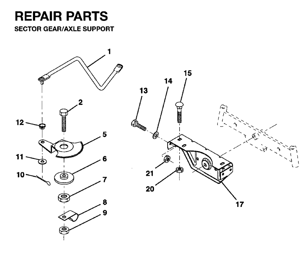 Sector Gear / Axle Support Diagram and Parts List for LR10 1995-01 Jonsered Lawn Tractor