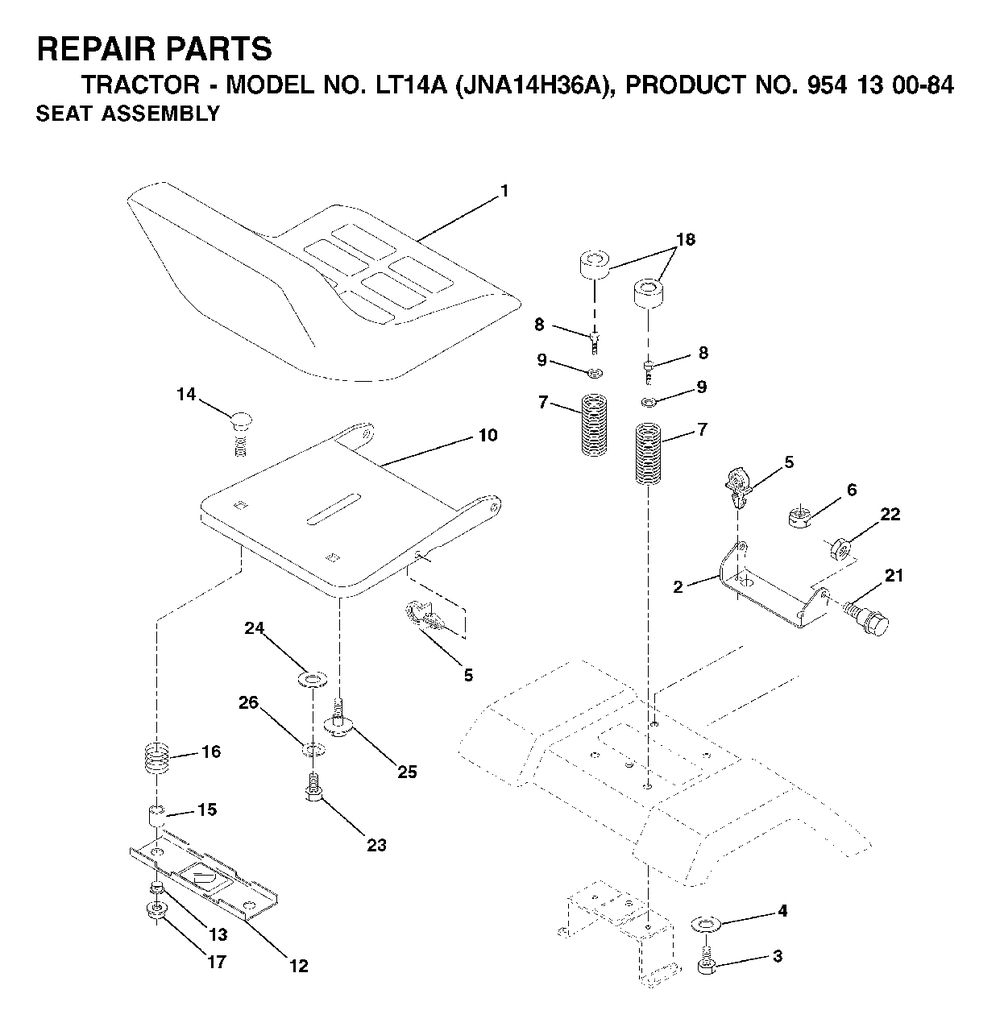 Seat Diagram and Parts List for LT14A (954130084)(2003-01) Jonsered Lawn Tractor