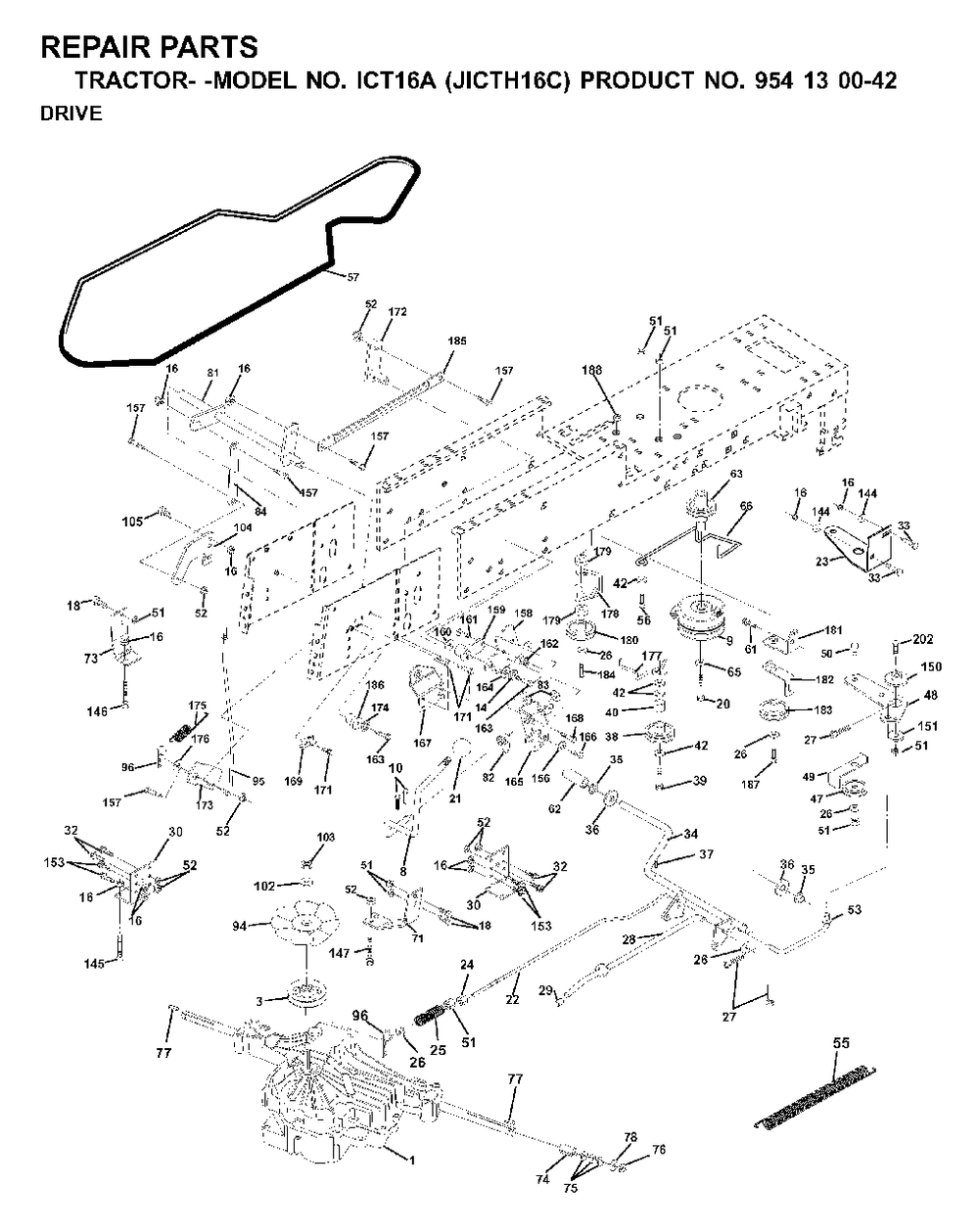 Drive Diagram and Parts List for ICT16A (954130042)(2000-02) Jonsered Lawn Tractor