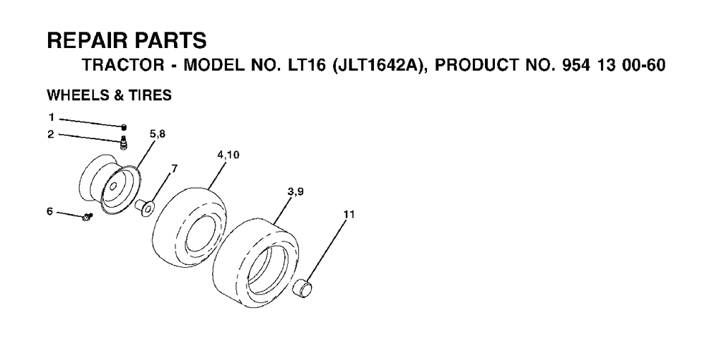 Wheels Tires Diagram and Parts List for LT16 (954130060-A)(2002-06) Jonsered Lawn Tractor