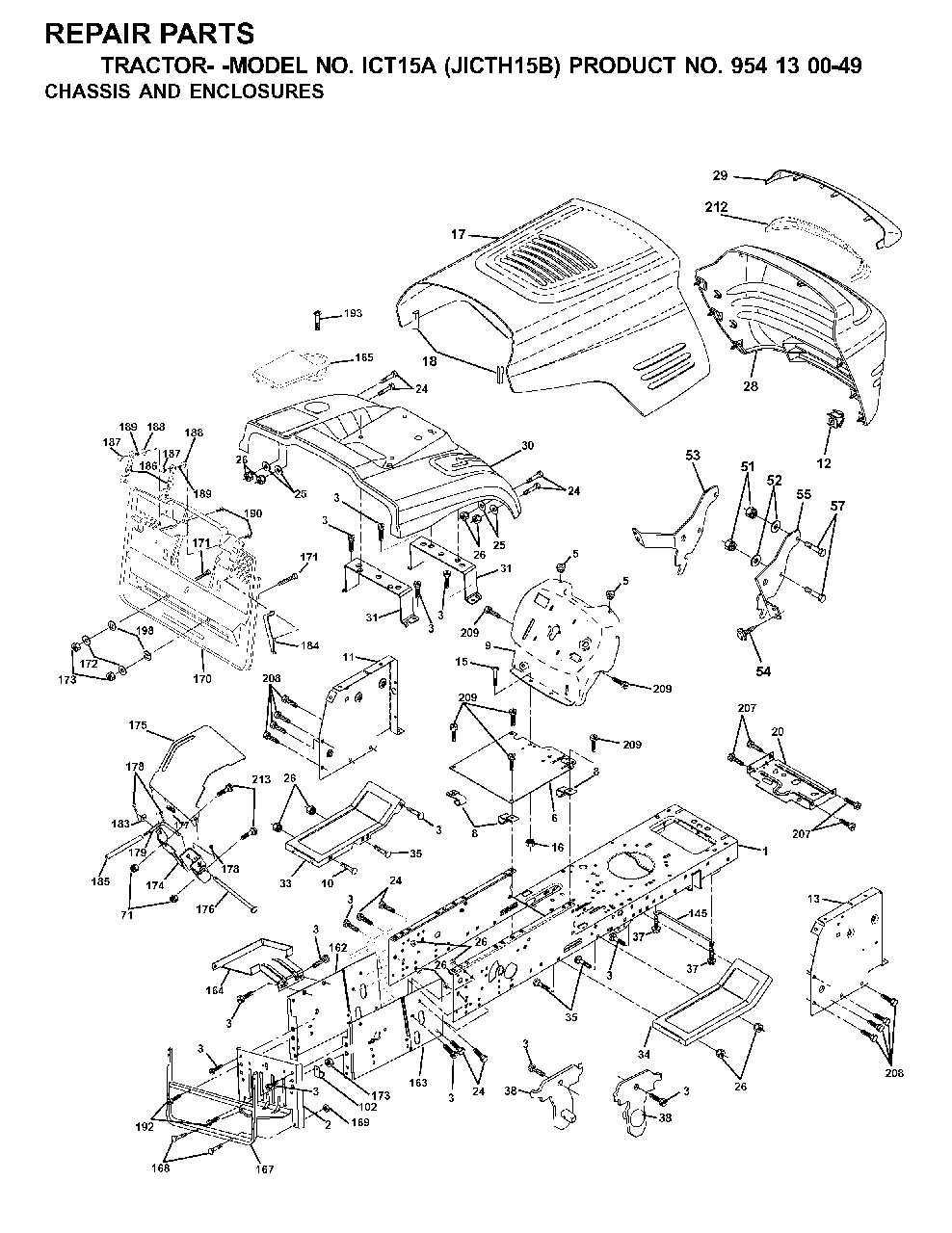 Chassis Enclosures Diagram and Parts List for ICT15A (954130049-B)(2001-02) Jonsered Lawn Tractor