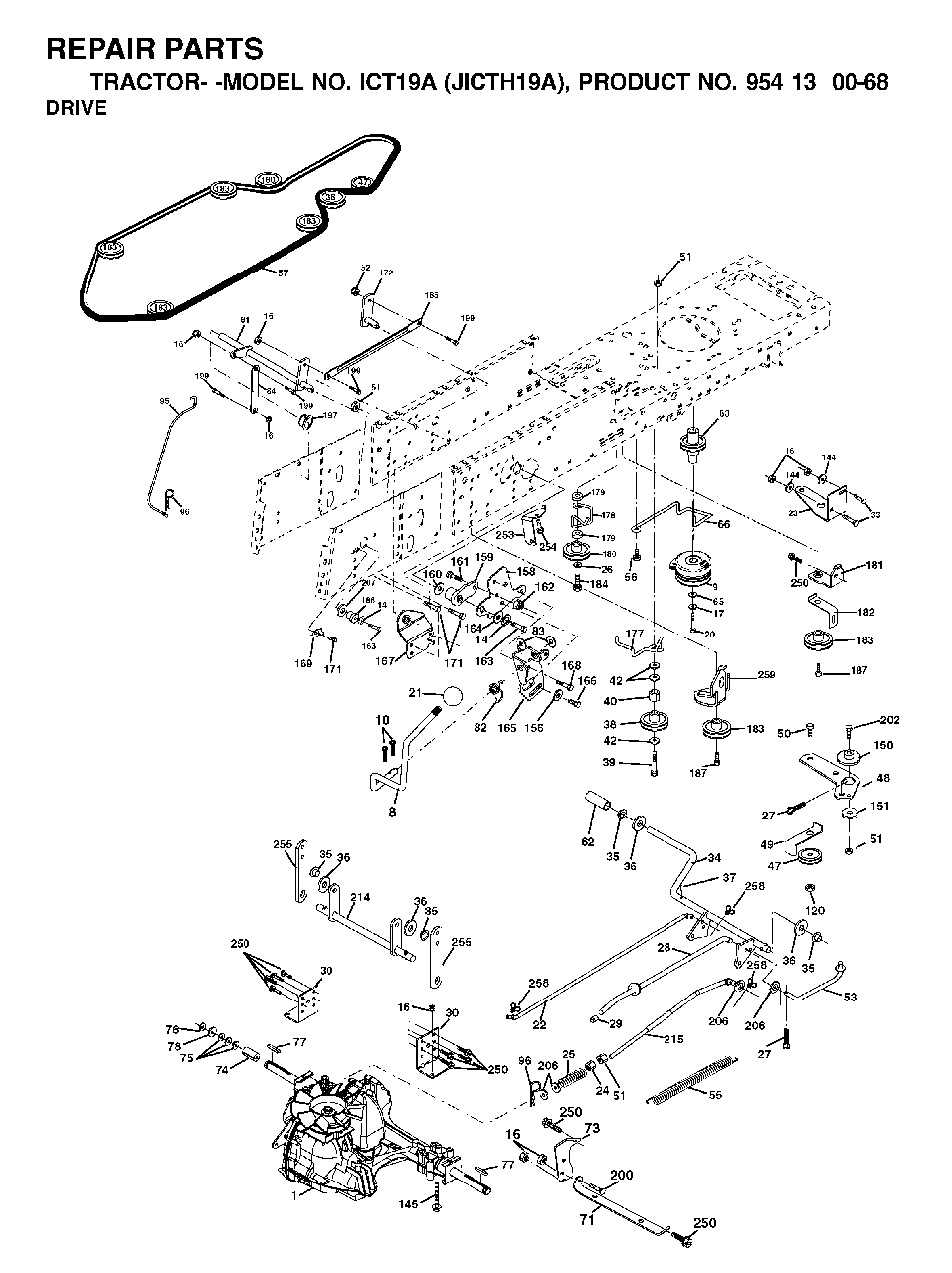 Drive Diagram and Parts List for ICT19A (954130068)(2002-02) Jonsered Lawn Tractor