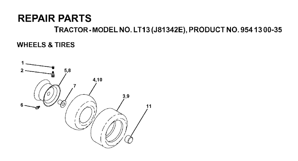 Wheels Tires Diagram and Parts List for LT13 (954130035)(2000-02) Jonsered Lawn Tractor