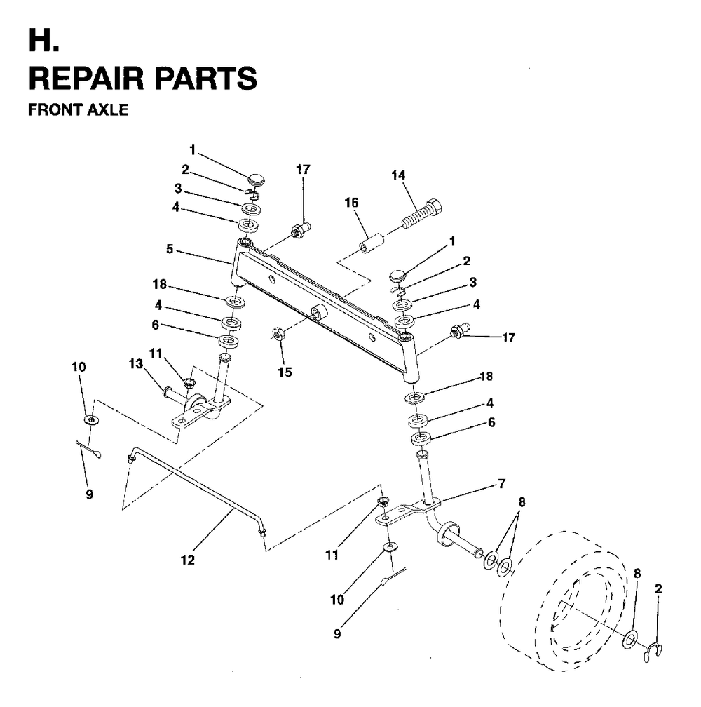 Front Axel Diagram and Parts List for LRH13 (954003421)(1996-01) Jonsered Lawn Tractor