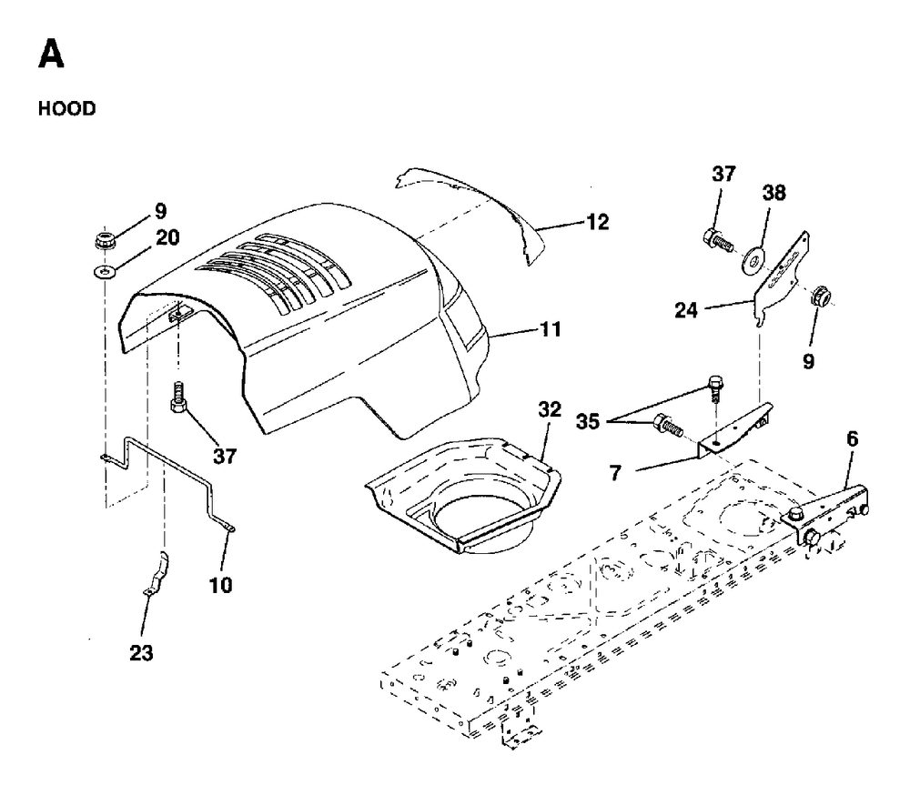 Hood Diagram and Parts List for LRH13 1997-04 Jonsered Lawn Tractor