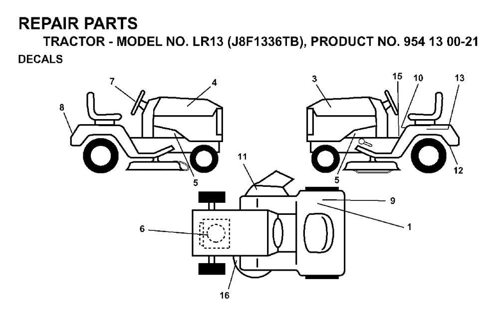 Decals Diagram and Parts List for LR13 (954130021)(1998-12) Jonsered Lawn Tractor