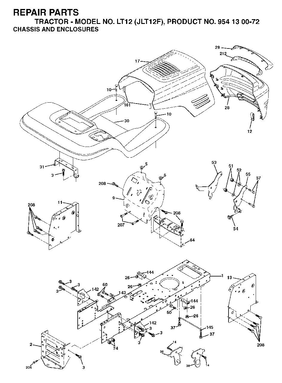 Chassis Enclosures Diagram and Parts List for LT12 (954130072)(2003-01) Jonsered Lawn Tractor