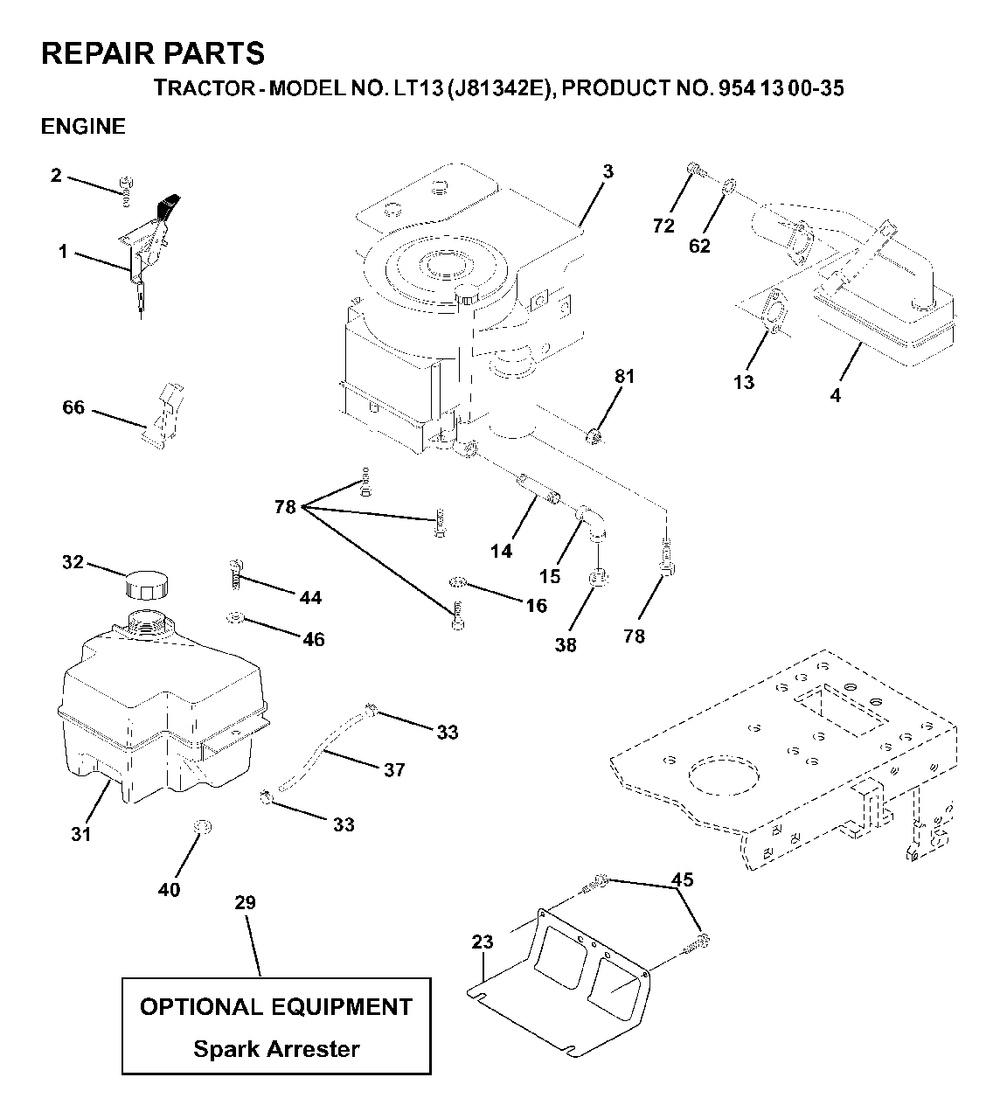 Engine Cutting Equipment Diagram and Parts List for LT13 (954130035)(2000-02) Jonsered Lawn Tractor