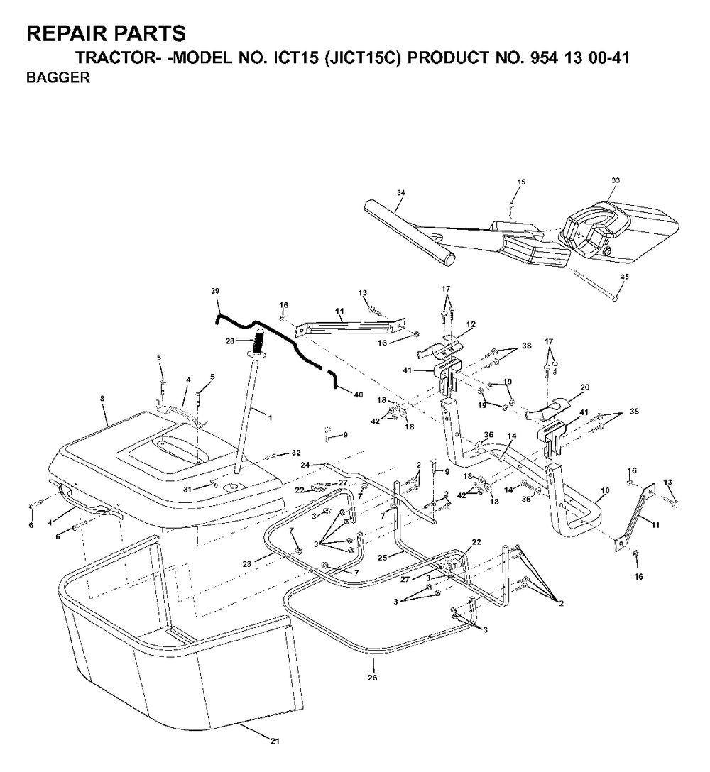 Bagger Diagram and Parts List for ICT15 (954130041)(2000-04) Jonsered Lawn Tractor