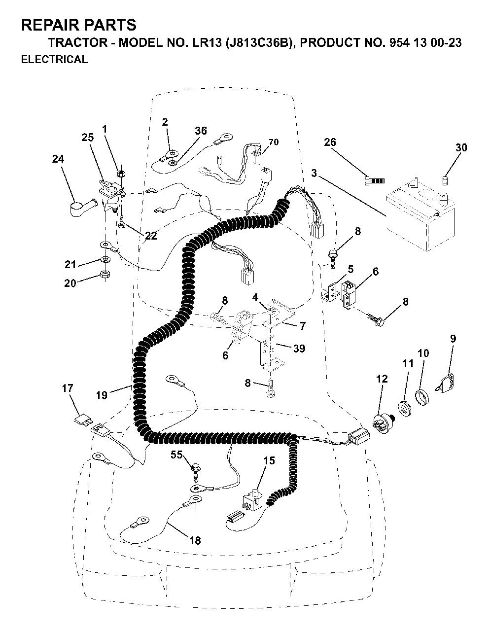 Electrical Diagram and Parts List for LR13 (954130023)(1998-12) Jonsered Lawn Tractor