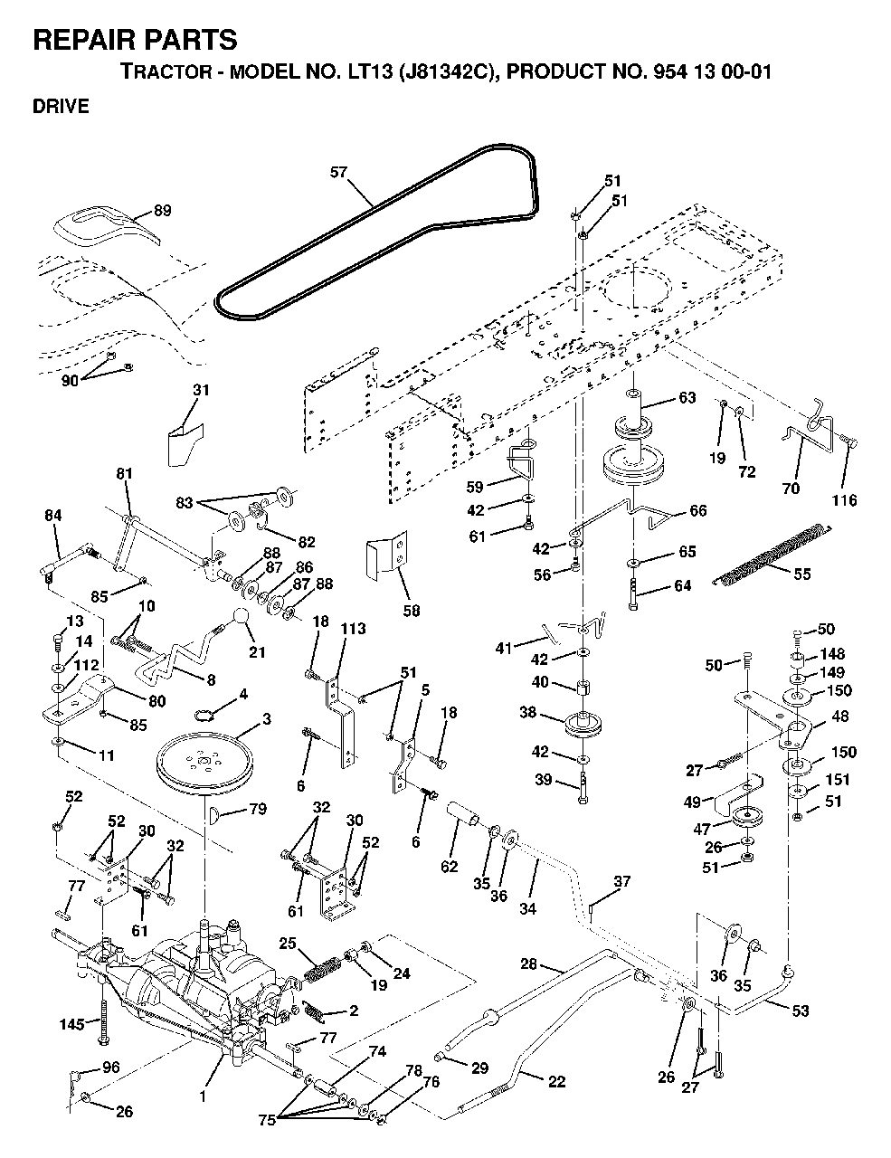 Drive Diagram and Parts List for LT13 (954130001)(1998-12) Jonsered Lawn Tractor