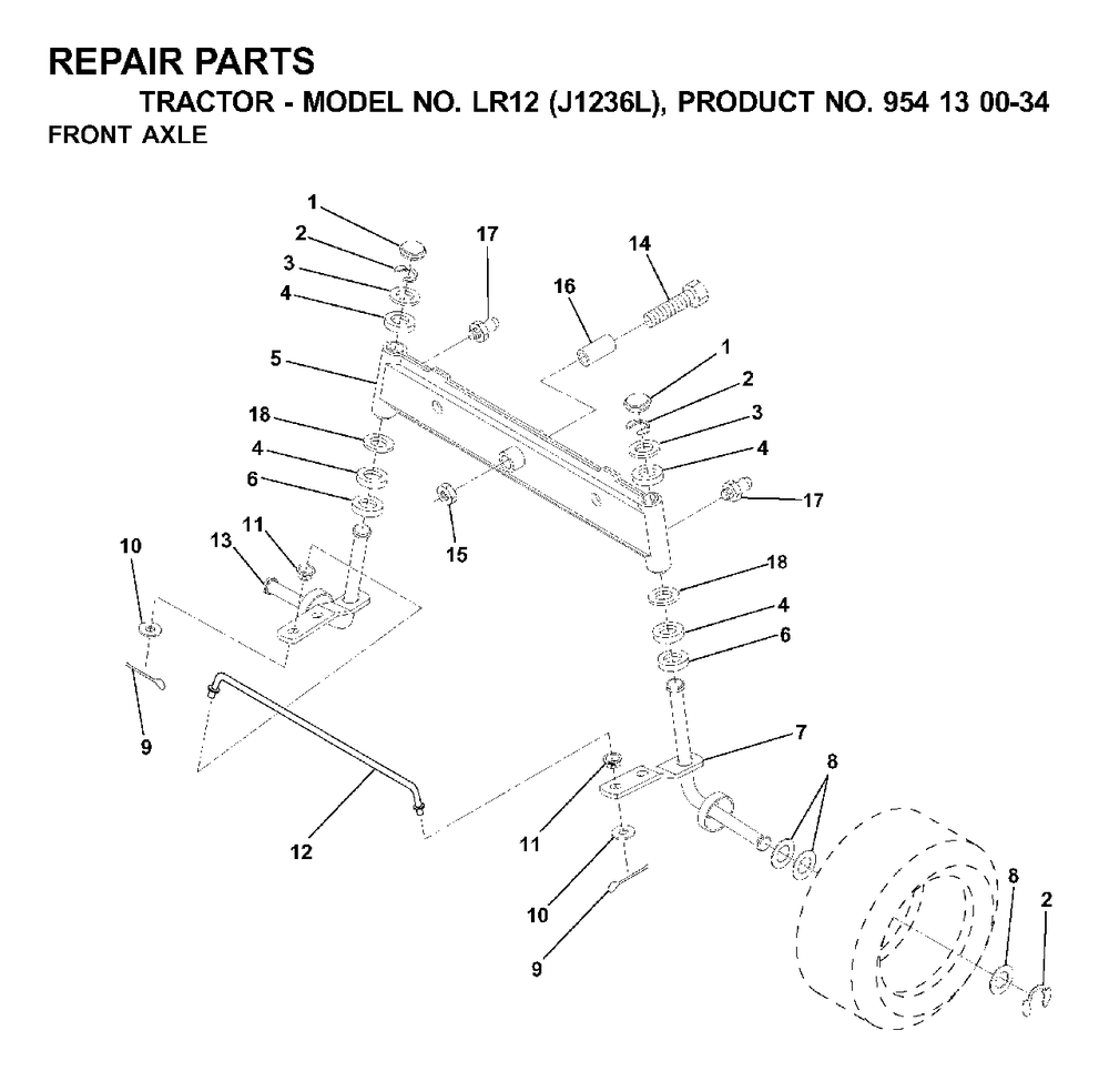 Front Axel Diagram and Parts List for LR12 (954130034)(2000-03) Jonsered Lawn Tractor