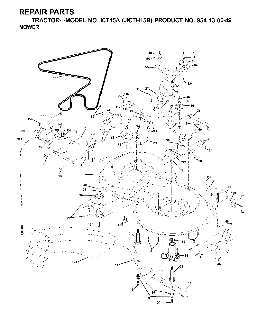 Mower Deck / Cutting Deck Diagram and Parts List for ICT15A (954130049-B)(2001-02) Jonsered Lawn Tractor