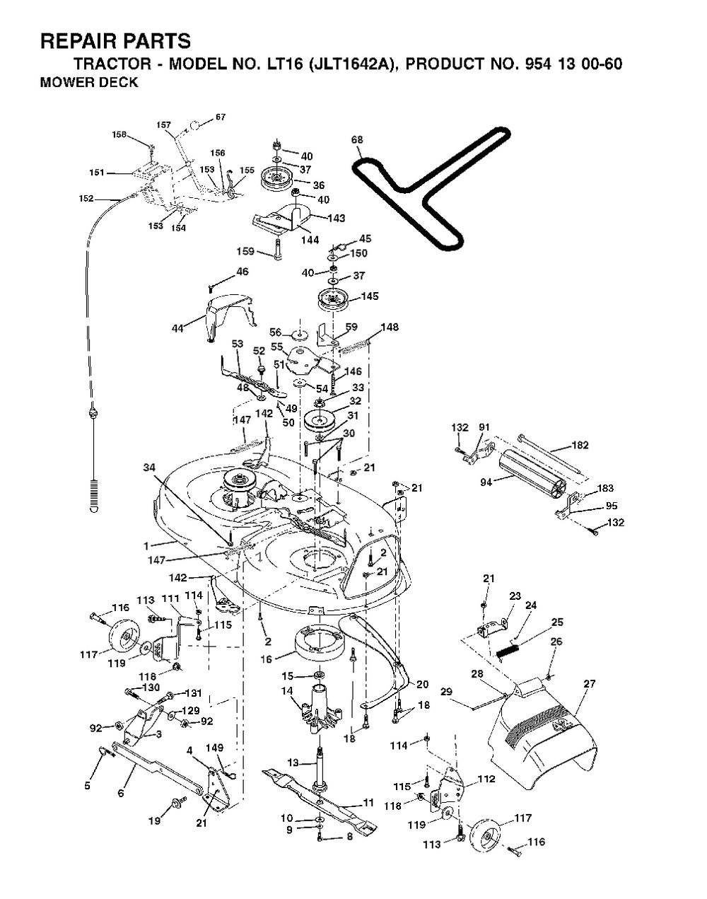 Mower Deck / Cutting Deck Diagram and Parts List for LT16 (954130060-A)(2002-06) Jonsered Lawn Tractor