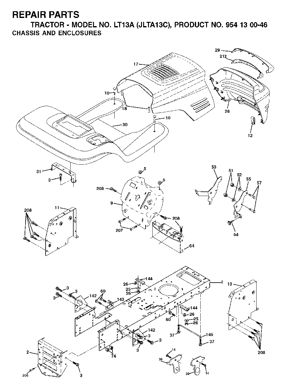 Chassis Enclosures Diagram and Parts List for LT13A (954130046)(2001-09) Jonsered Lawn Tractor
