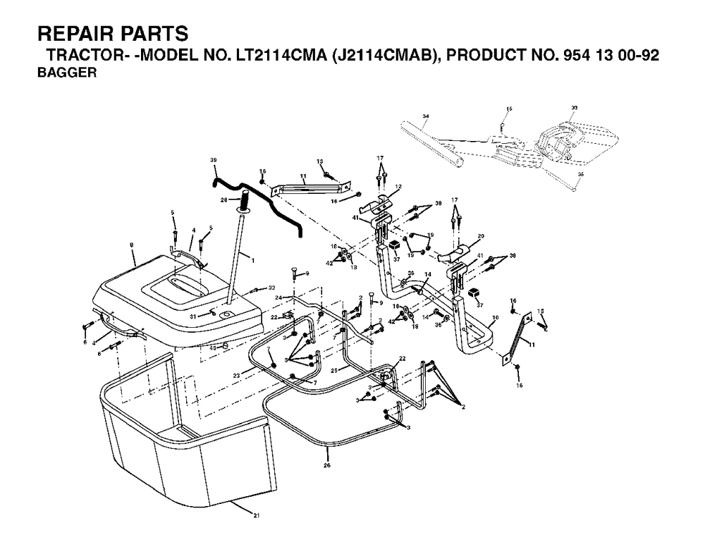 Bagger Diagram and Parts List for LT2114CMA (954130092-B)(2003-01) Jonsered Lawn Tractor