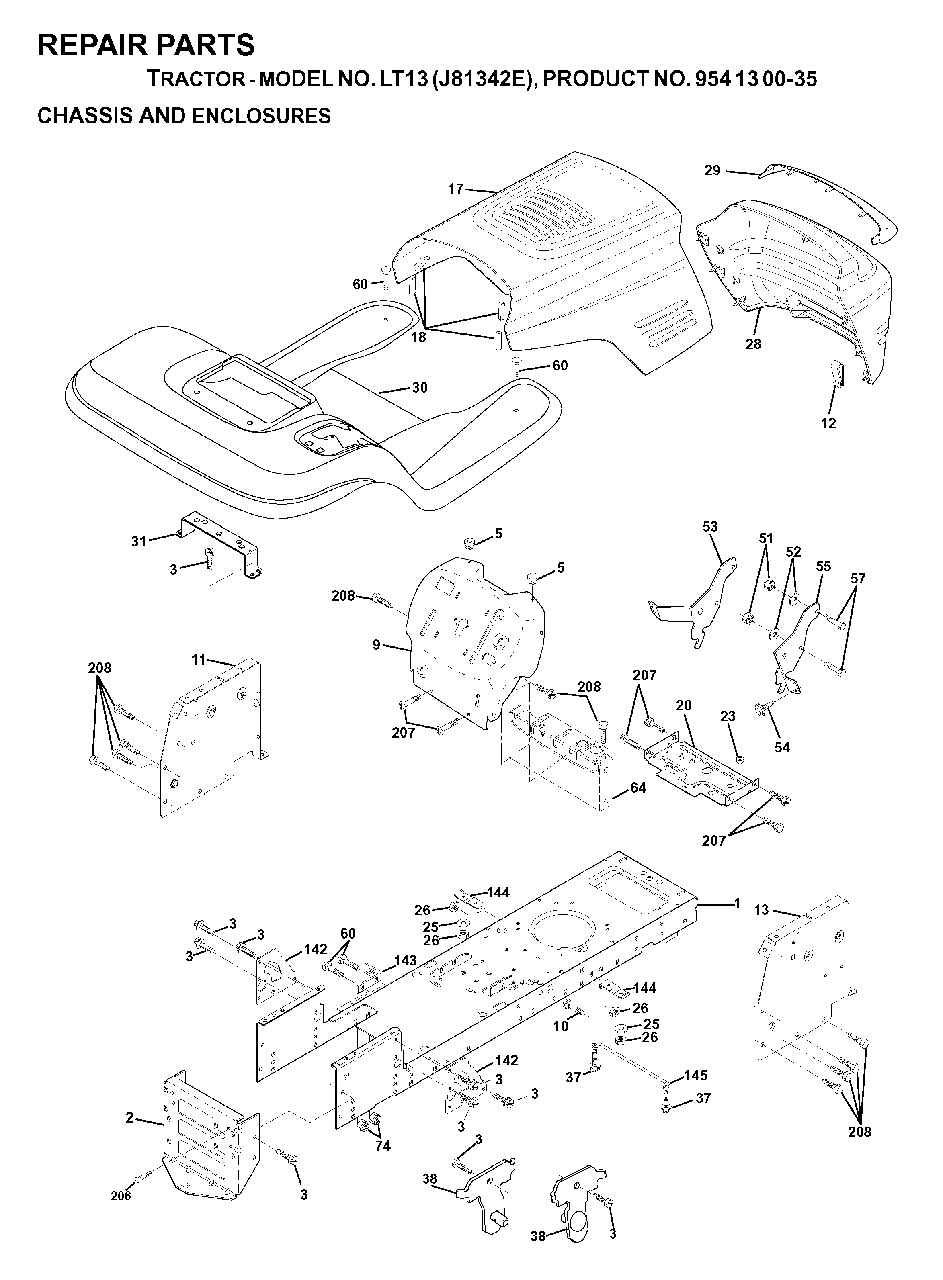 Chassis Enclosures Diagram and Parts List for LT13 (954130035)(2000-02) Jonsered Lawn Tractor