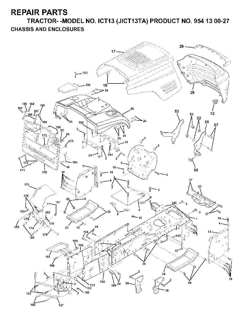 Chassis Enclosures Diagram and Parts List for ICT13 (954130027)(1999-03) Jonsered Lawn Tractor
