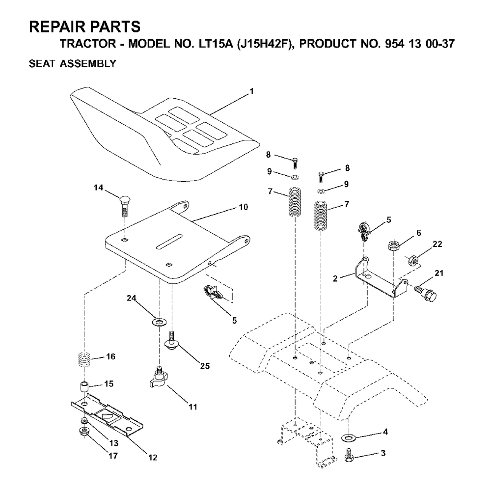 Seat Diagram and Parts List for LT15A (954130037-F)(2000-04) Jonsered Lawn Tractor