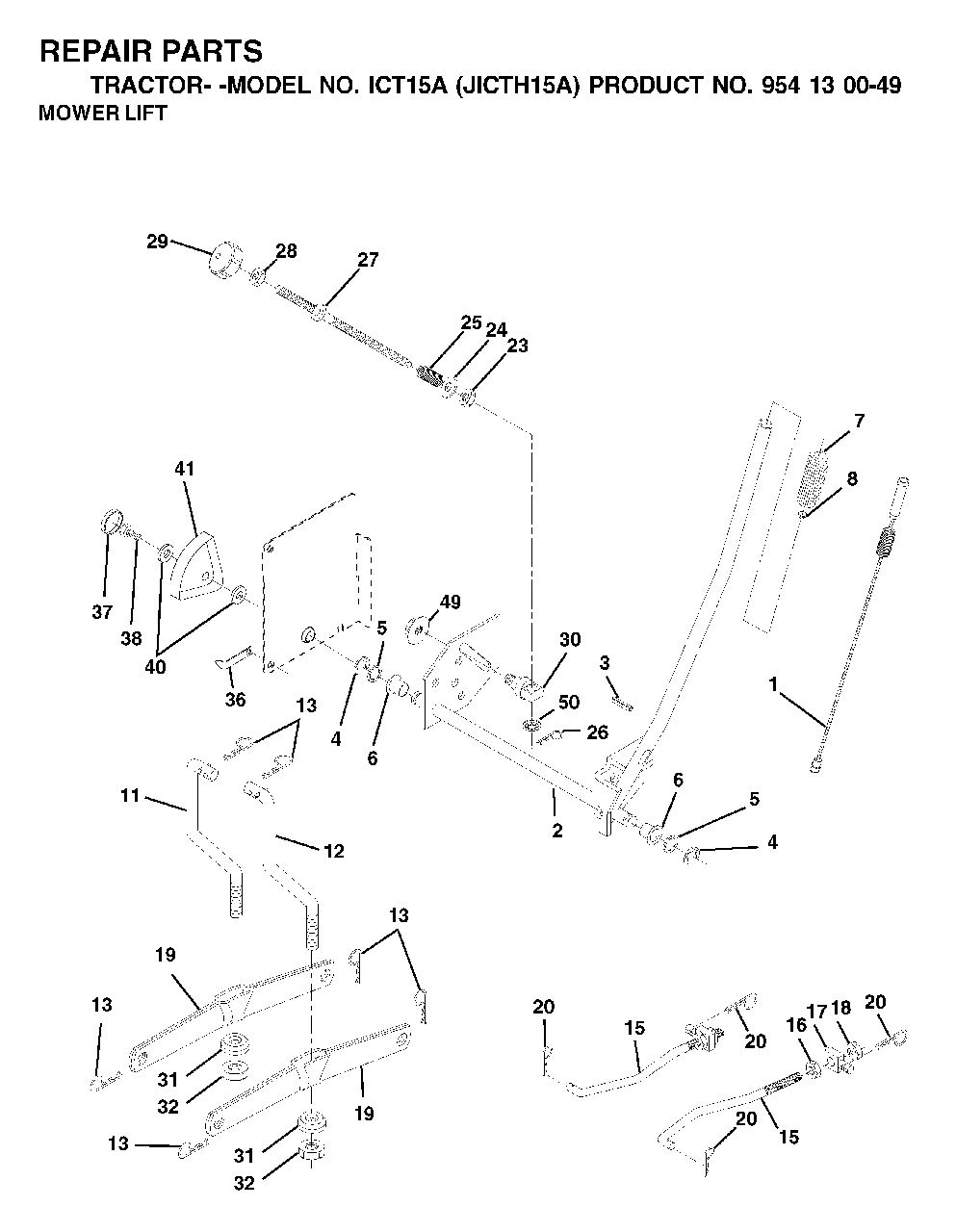 Mower Lift / Deck Lift Diagram and Parts List for ICT15A (954130049-A)(2001-02) Jonsered Lawn Tractor