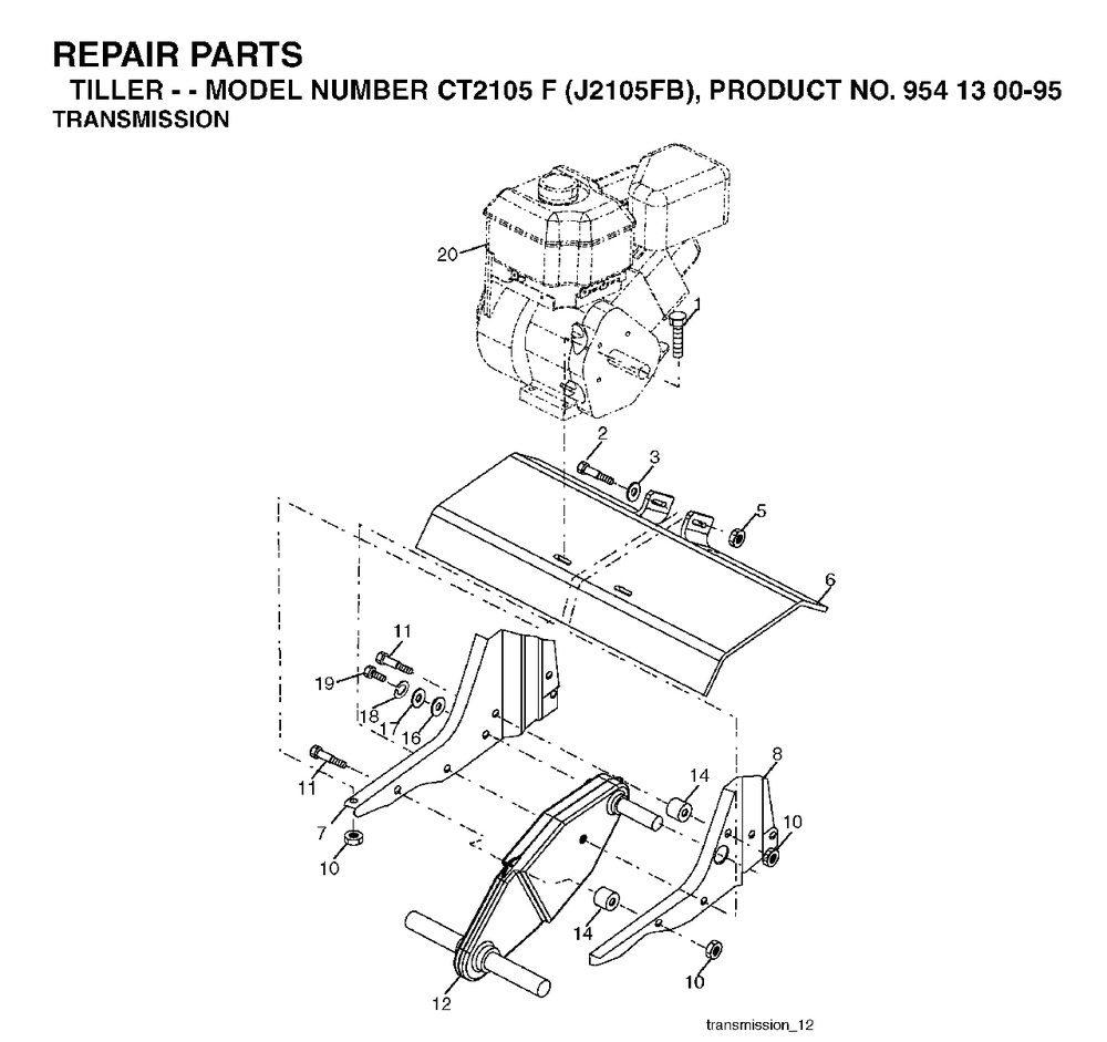 Transmission Diagram and Parts List for CT2105F (954130095)(2004-01) Jonsered Tiller