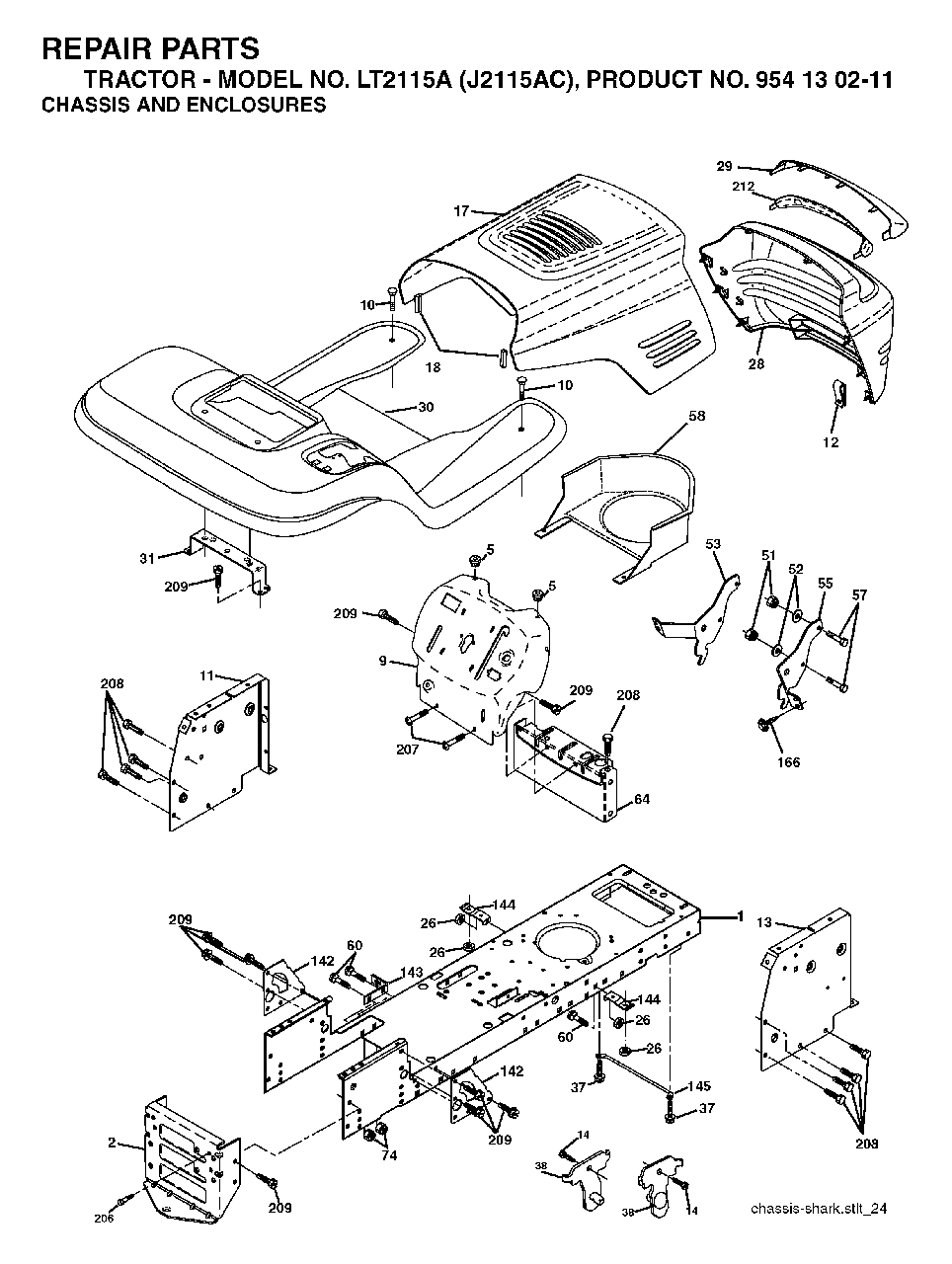 Chassis Enclosures Diagram and Parts List for LT2115A (954130211)(2004-09) Jonsered Lawn Tractor