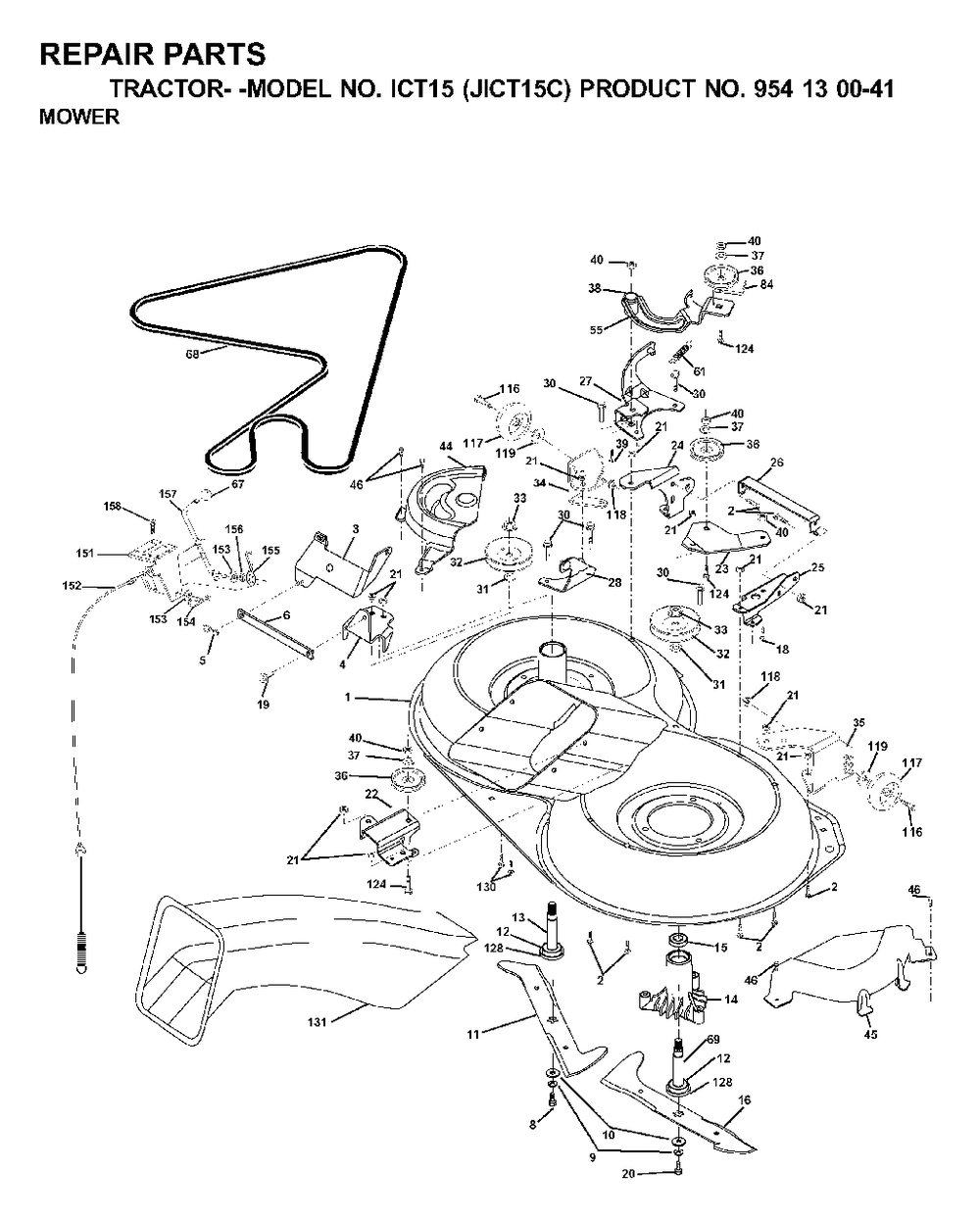 Mower Deck / Cutting Deck Diagram and Parts List for ICT15 (954130041)(2000-04) Jonsered Lawn Tractor