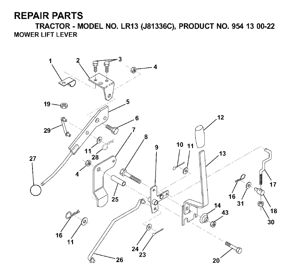 Mower Lift Lever Diagram and Parts List for LR13 (954130022)(2000-03) Jonsered Lawn Tractor
