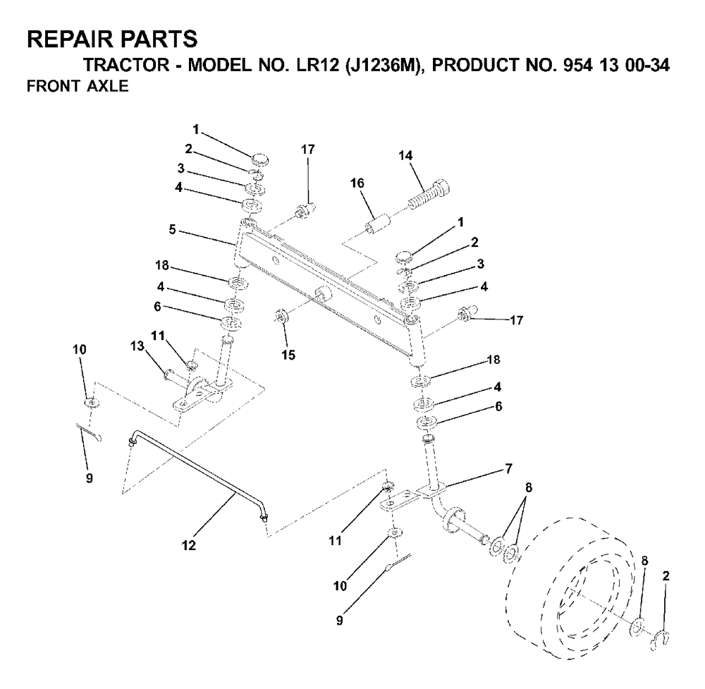 Front Axel Diagram and Parts List for LR12 (954130034)(2000-04) Jonsered Lawn Tractor