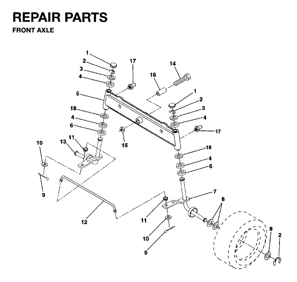 Front Axel Diagram and Parts List for LR10 1995-01 Jonsered Lawn Tractor