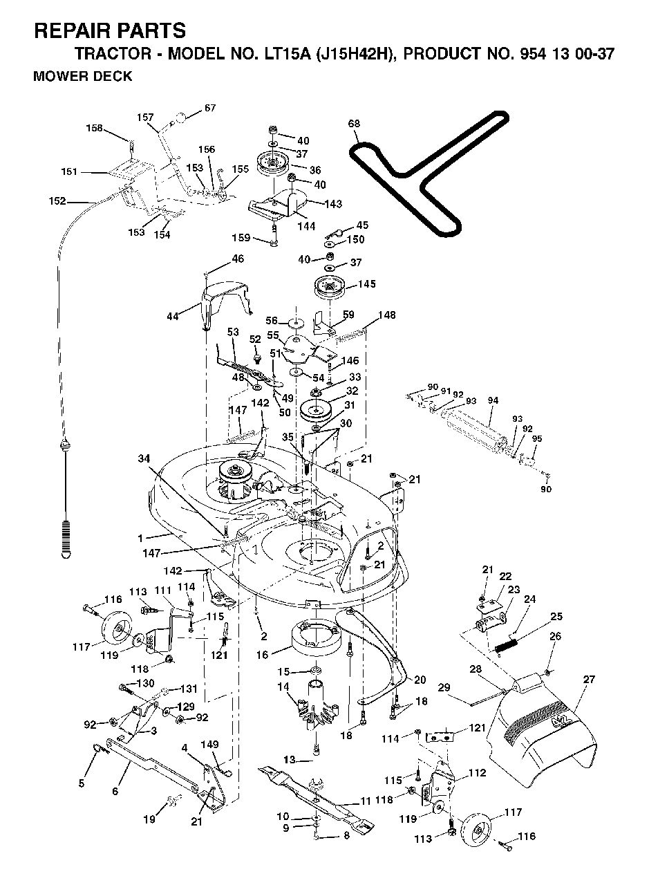 Mower Deck / Cutting Deck Diagram and Parts List for LT15A (954130037-H)(2001-01) Jonsered Lawn Tractor