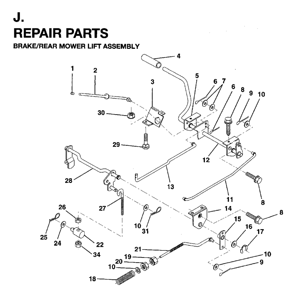 Brake / Rear Mower Lift Diagram and Parts List for LRH13 (954003421)(1996-01) Jonsered Lawn Tractor