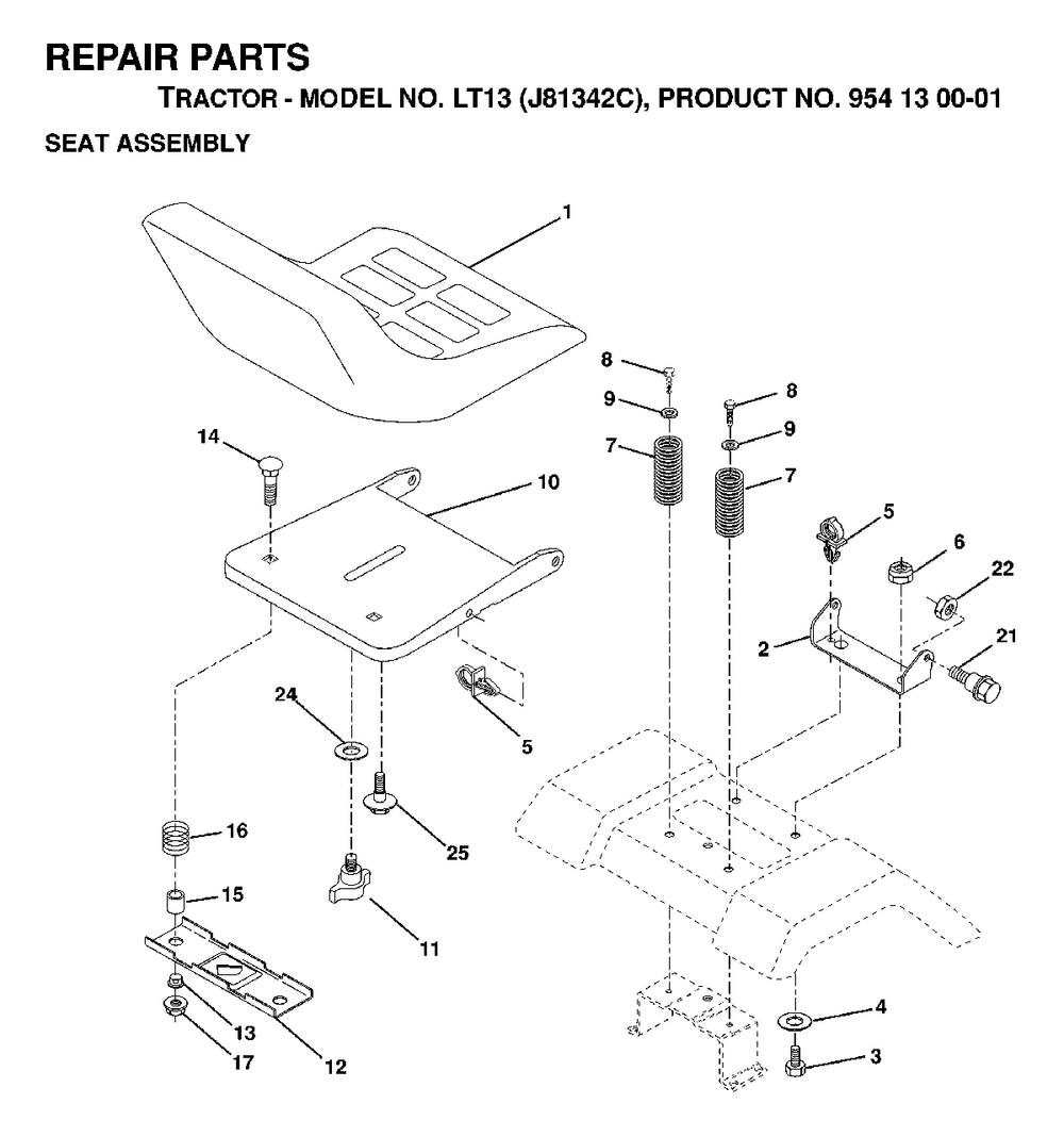 Seat Diagram and Parts List for LT13 (954130001)(1998-12) Jonsered Lawn Tractor