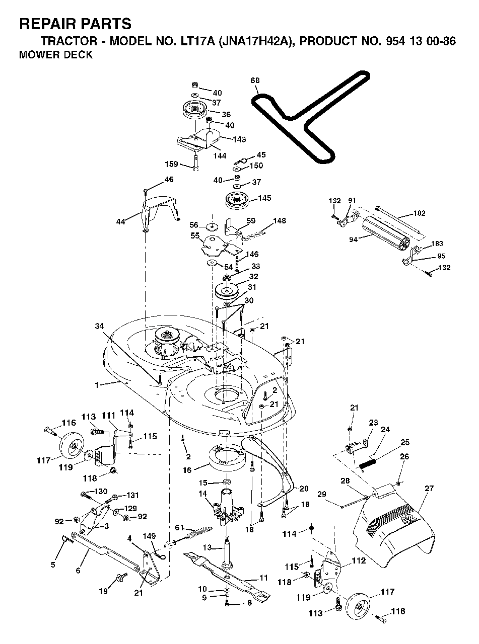 Mower Deck / Cutting Deck Diagram and Parts List for LT17A (954130086)(2003-01) Jonsered Lawn Tractor